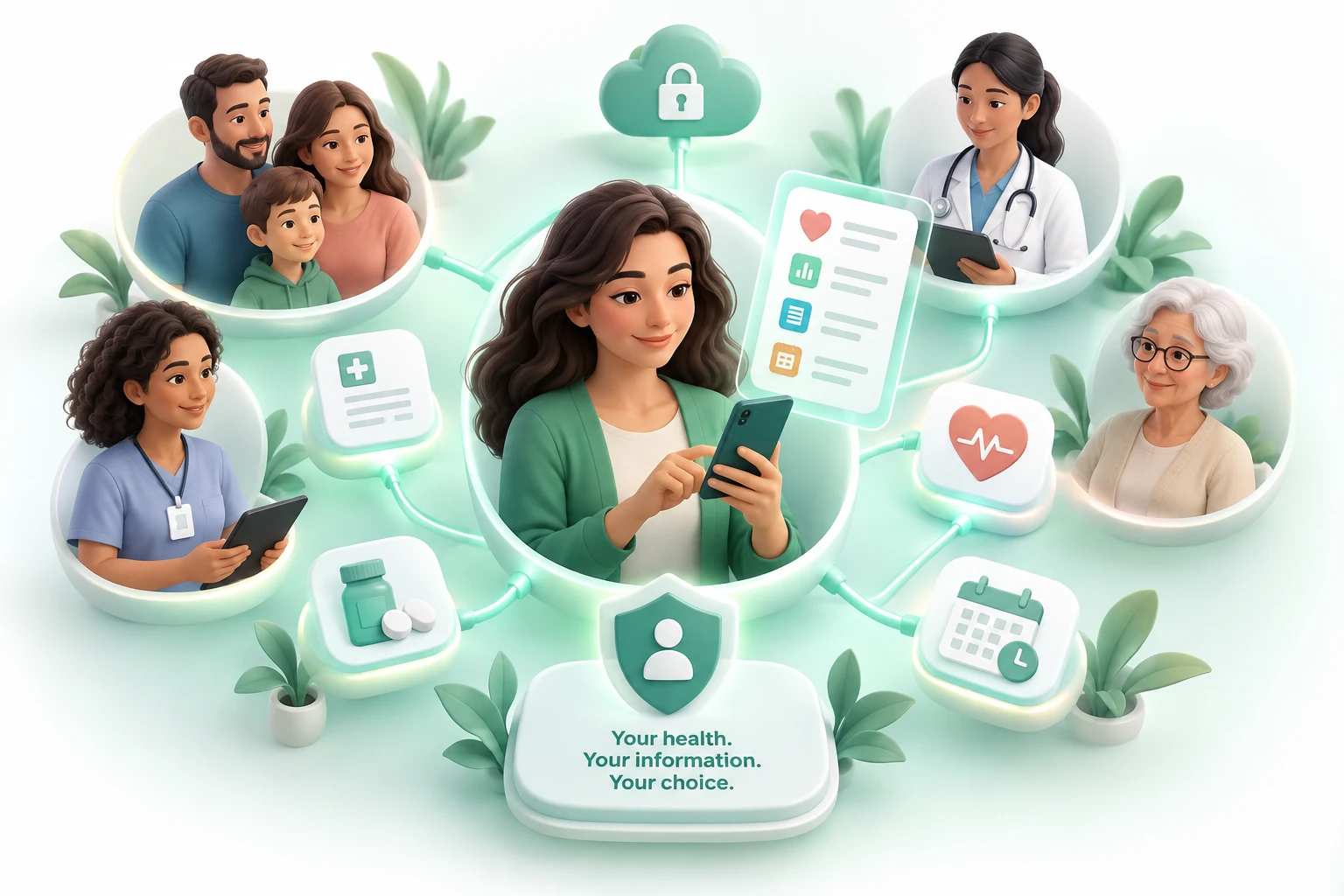 Illustration of a person-centred health network connecting an individual, family, carers and health professionals